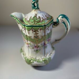 Vintage Moriage Chocolate Pot Hand Painted Floral Design 10 Inch Japan